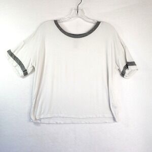 Me‎ To We Ringer T-Shirt Womens M Relaxed Fit Short Sleeve Casual Crop Top White